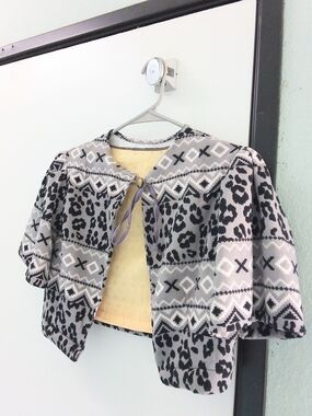 Gray Patterned Women's Short Jacket with Tie Front